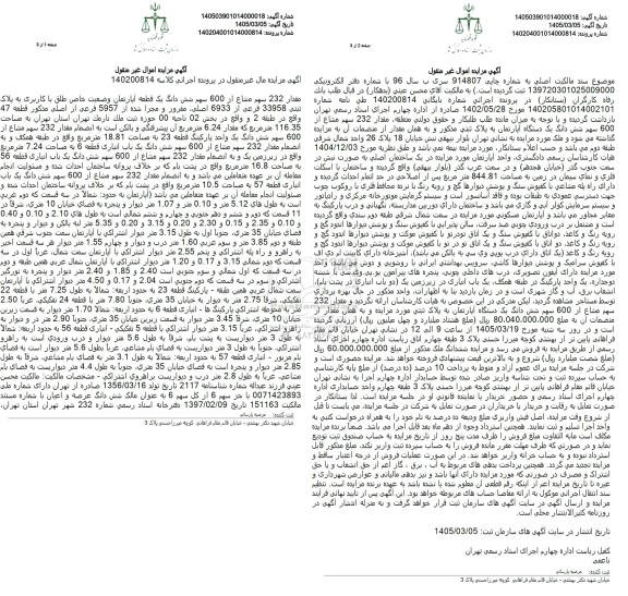 مزایده فروش مقدار 232 سهم مشاع از 600 سهم ششدانگ یک قطعه آپارتمان وضعیت خاص طلق با کاربری به پلاک ثبتی 33958 فرعی