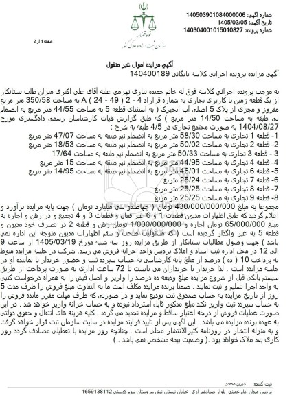 مزایده یک قطعه زمین با کاربری تجاری به مساحت 350.58 متر مربع