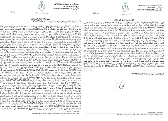مزایده فروش سه دانگ یکدستگاه آپارتمان نوع ملک طلق ، به مساحت 116.33 متر مربع 
