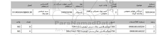 استعلام ابزارآلات ولوازم عمومی واندازه گیری