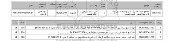 استعلام مقاطع فلزی خاص(شامل لوله ها - میل های گرد،چهارگوش - شش گوش)