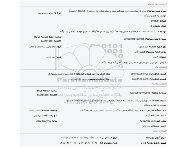 مزایده،  یک ساختمان سه طبقه(دو طبقه بر روی همکف)به زیربنای کل 1096/54 مترمربع موصوف به هتل پاسارگاد