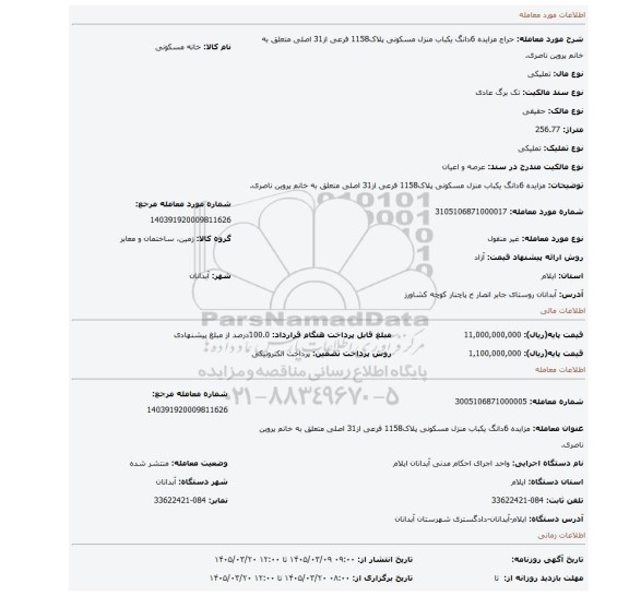 مزایده، مزایده 6دانگ یکباب منزل مسکونی پلاک1158 فرعی از31 اصلی متعلق به خانم پروین ناصری.
