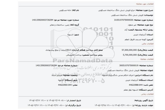مزایده، فروش شش دانگ ساختمان مسکونی