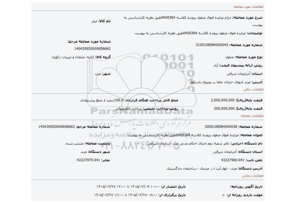 مزایده، مزایده اموال منقول پرونده کلاسه 0400364طبق نظریه کارشناسی به پیوست