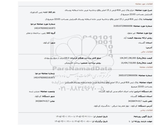 مزایده، پلاک ثبتی 816 فرعی از 15 اصلی واقع درحاشیه غربی جاده اسفالته روستای قلندرایش بمساحت 22103 مترمربع  ق