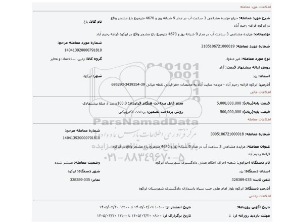 مزایده، مزایده مشاعی 3 ساعت آب در مدار 9 شبانه روز و 4670 مترمربع باغ مشجر واقع در ابرکوه فراغه رحیم آباد