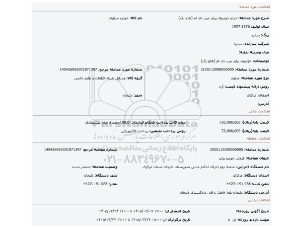 مزایده، خودروی پراید تیپ دی ام (هاچ بک)