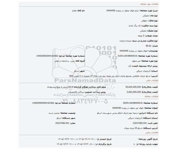مزایده، اموال منقول در پذونده 0400495