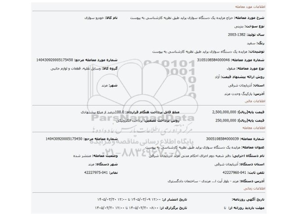 مزایده، مزایده  یک دستگاه سواری پراید طبق نظریه کارشناسی به پیوست