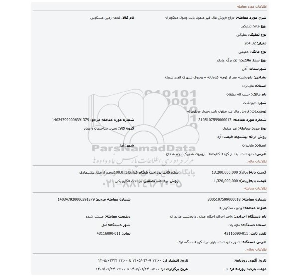 مزایده، فروش مال غیر منقول بابت وصول محکوم له