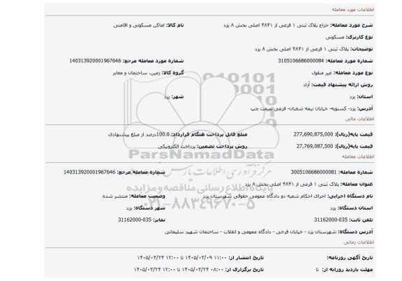 مزایده، پلاک ثبتی ۱ فرعی از ۴۸۴۱ اصلی بخش ۸ یزد