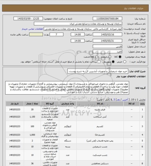 استعلام خرید مواد شیمیایی و تجهیزات آبشیرین کن به شرح پیوست.