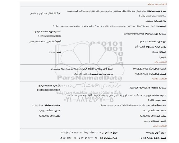 مزایده، فروش  سه دانگ ملک مسکونی به ادرس علی اباد بالاتر از میدان گلها کوچه هجرت ساختمان سوم جنوبی پلاک 6