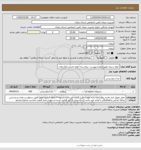 استعلام انواع سبزی طبق لیست پیوست- بیمارستان امام حسین (ع) زنجان