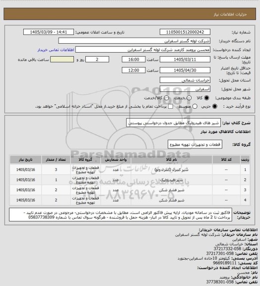 استعلام شیر های هیدرولیک مطابق جدول درخواستی پیوستی