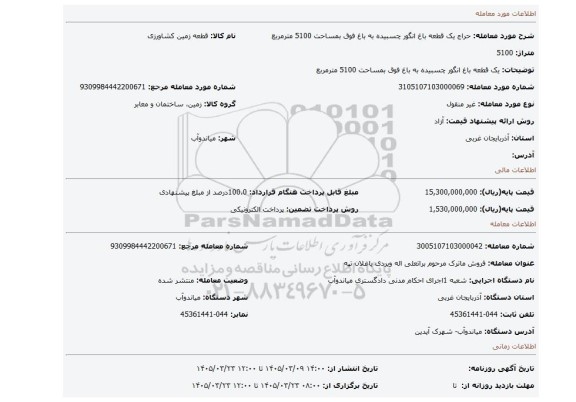 مزایده، یک قطعه باغ انگور چسبیده به باغ فوق بمساحت 5100 مترمربع