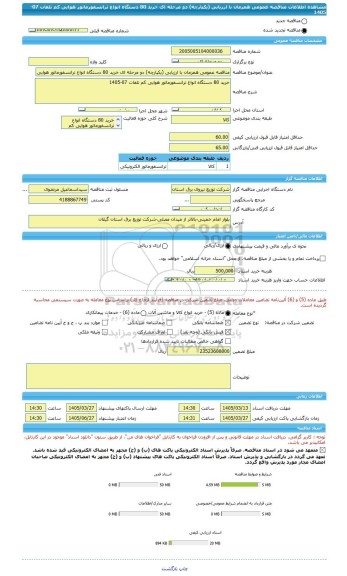 مناقصه، مناقصه عمومی همزمان با ارزیابی (یکپارچه) دو مرحله ای خرید 80 دستگاه انواع ترانسفورماتور هوایی کم تلفات 07-1405