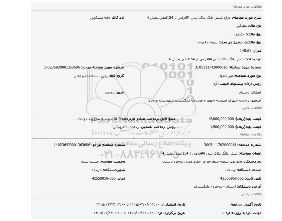مزایده، شش دانگ پلاک ثبتی 94فرغی از 154اصلی بخش 4