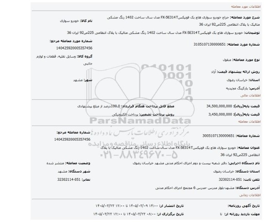 مزایده، خودرو سواری هاچ بک فونیکسFX-5E314T مدل سال ساخت 1402 رنگ مشکی متالیک با پلاک انتظامی 225ص92 ایران 36