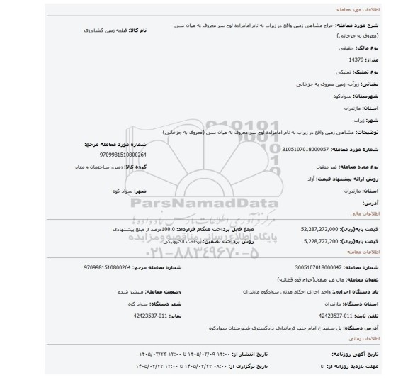مزایده، مشاعی زمین واقع در زیراب به نام امامزاده لوح سر معروف به میان سی (معروف به جزخانی)