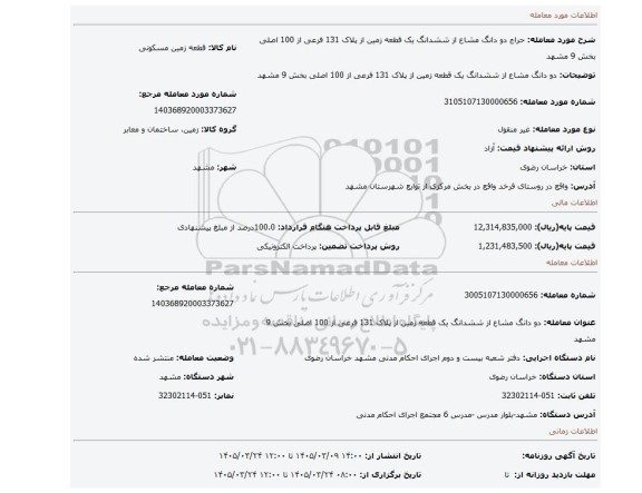 مزایده، دو دانگ مشاع از ششدانگ یک قطعه زمین از پلاک 131 فرعی از 100 اصلی بخش 9 مشهد