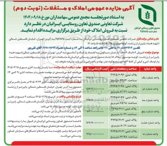 آگهی مزایده عمومی املاک و مستغلات (نوبت دوم)