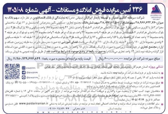 مزایده شش دانگ مجتمع تجاری مسکونی نگین