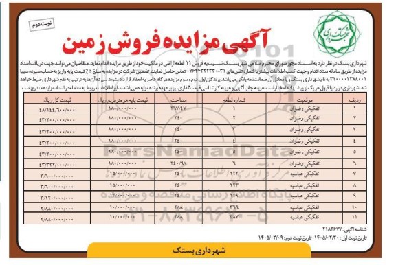 مزایده فروش زمین، فروش 11 قطعه اراضی - نوبت دوم 