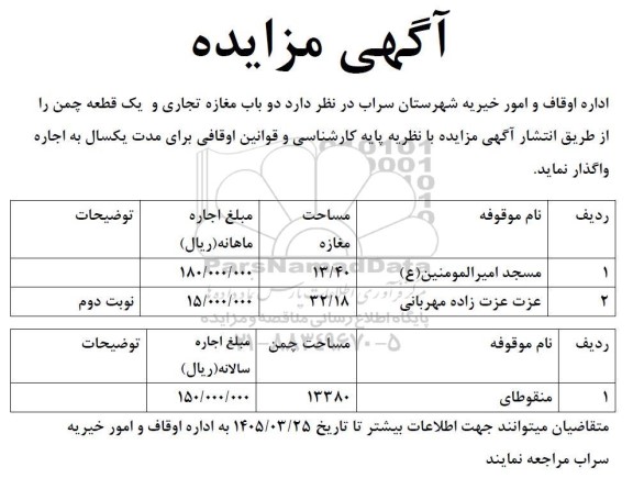 مزایده واگذاری دو باب مغازه تجاری و یک قطعه چمن