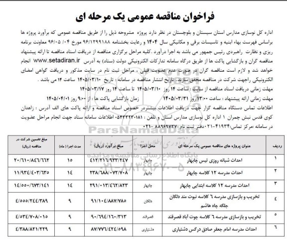 مناقصه احداث شبانه روزی تیس ....