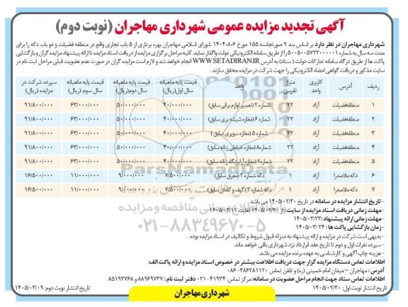 تجدید مزایده بهره برداری از 5 باب تجاری و دو باب دکه / نوبت دوم