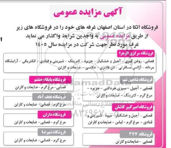 مزایده عمومی واگذاری غرفه های فروشگاه شامل قصابی- روغن گیری- آجیل و خشکبار....