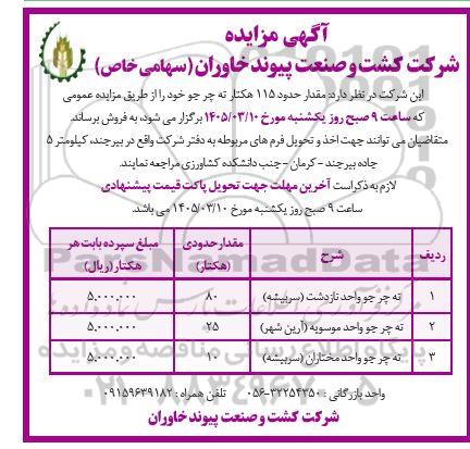 مزایده مقدار حدود 115 هکتار ته چر جو 