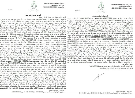مزایده فروش ششدانگ یک باب آپارتمان با کاربری مسکونی به پلاک ثبتی 8031 فرعی از 14 اصلی به مساحت 88.31 مترمربع