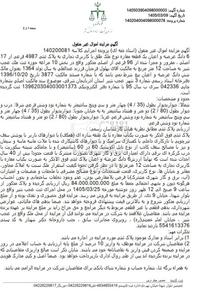 مزایده 6 دانگ عرصه و اعیان یک قطعه مغازه نوع ملک طلق با کاربری تجاری به پلاک ثبتی 4987 فرعی از 17 اصلی
