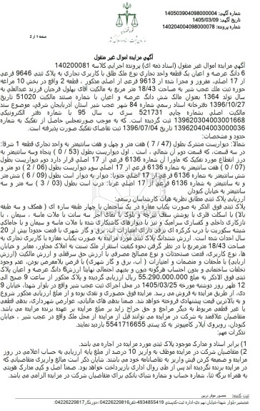 آگهی مزایده  6 دانگ عرصه و اعیان یک قطعه واحد تجاری نوع ملک طلق با کاربری تجاری 