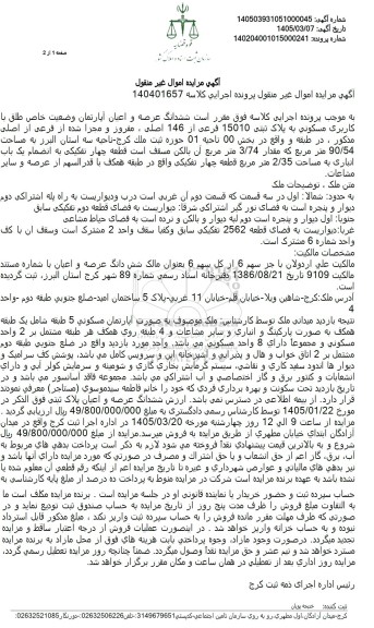 مزایده ششدانگ عرصه و اعیان آپارتمان وضعیت خاص طلق با کاربری مسکونی