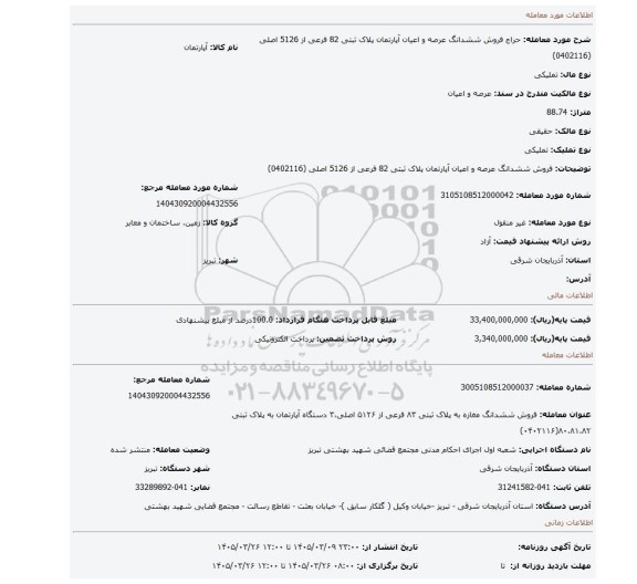 مزایده، فروش ششدانگ عرصه و اعیان آپارتمان پلاک ثبتی 82 فرعی از 5126 اصلی (0402116)