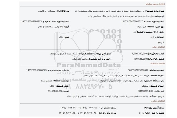مزایده، مزایده شش ممیز نه دهم شعیر از نود و شش شعیر ملک مسکونی اراک