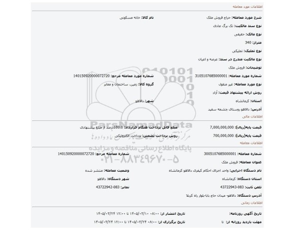 مزایده، فروش ملک