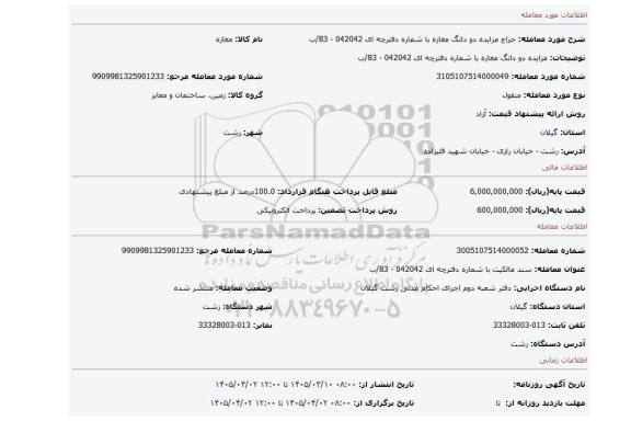 مزایده، مزایده دو دانگ مغازه با شماره دفترچه ای 042042 - 83/ب