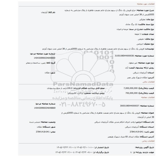 مزایده، فروش یک دانگ از سهم مشاع خانم عصمت طاهری از پلاک مشاعی به شماره 2055فرعی از 38 اصلی تحت عنوان آپارتم