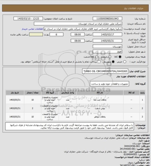 استعلام TURBO OIL CIRCUMFERENTIAL/0445265