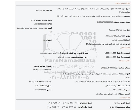 مزایده، سرقفلی یکباب مغازه به متراژ 12 متر واقع در پاساژ امیرکبیر طبقه اول (بالای همکف)پلاک29