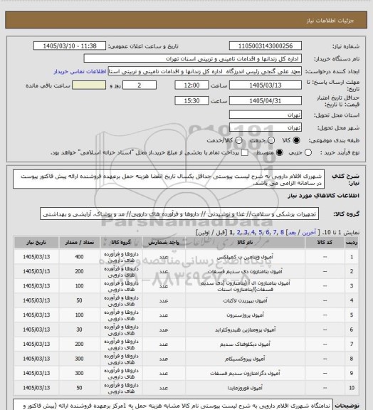 استعلام شهرری اقلام دارویی به شرح لیست پیوستی حداقل یکسال تاریخ انقضا هزینه حمل برعهده فروشنده ارائه پیش فاکتور  پیوست در سامانه الزامی می باشد.