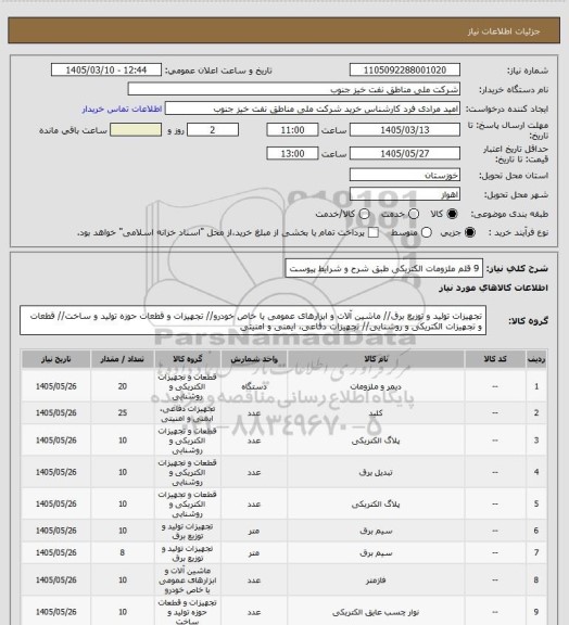 استعلام 9 قلم ملزومات الکتریکی طبق شرح و شرایط پیوست