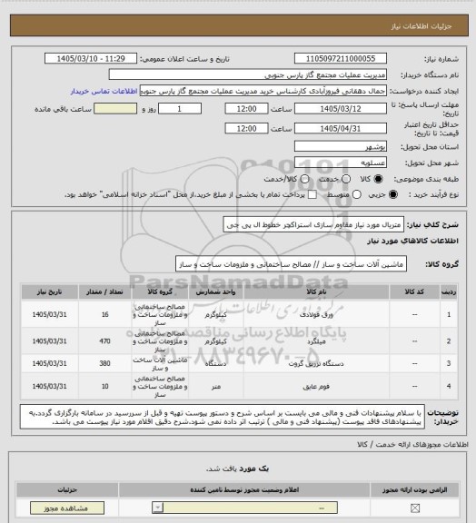استعلام متریال مورد نیاز مقاوم سازی استراکچر خطوط ال پی جی