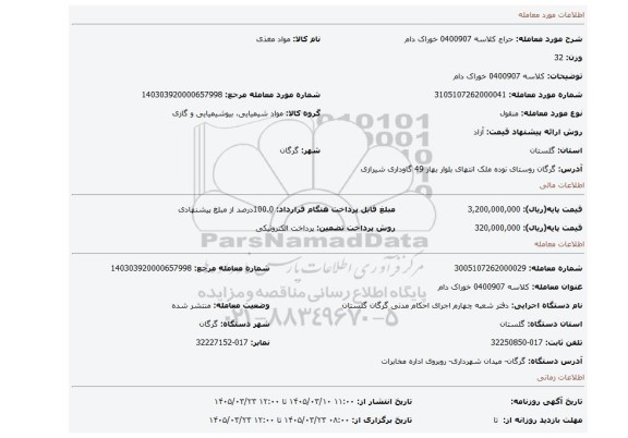 مزایده، کلاسه 0400907 خوراک دام