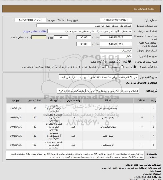استعلام خرید 5 قلم قطعات برقی
مشخصات کالا طبق شرح پیوست ارائه می گردد